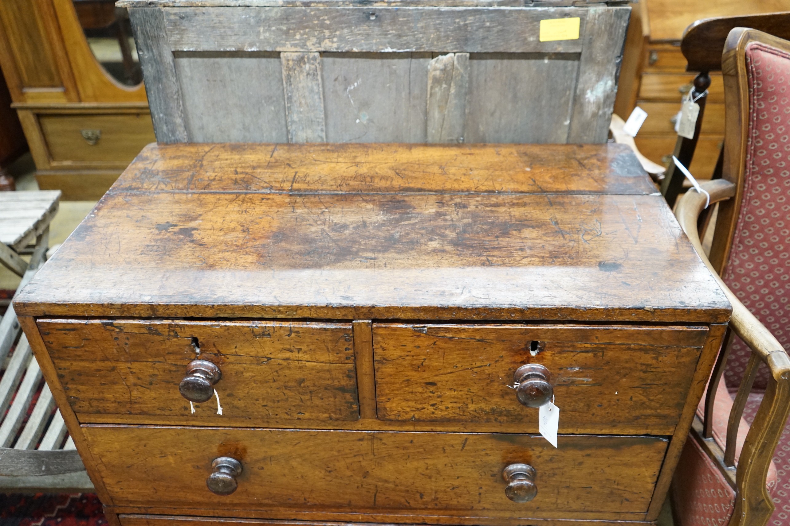 A 19th century mahogany two part chest with later turned wood handles, width 90cm, depth 49cm, height 92cm